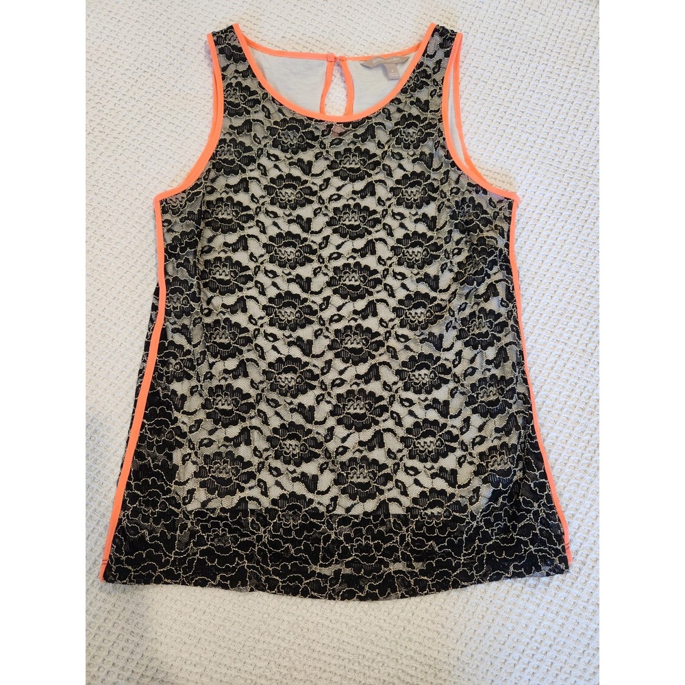 BANANA REPUBLIC Black Lace Orange Trim Tank Top Shirt Women's Sz 4 neon corded